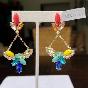 Lulu Frost gold chandelier earrings, colorful crystals & pearls